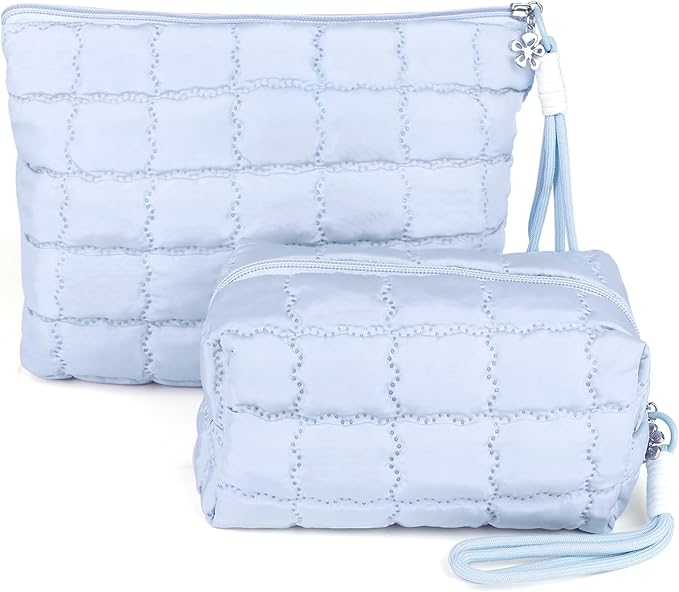 Richeart Makeup Bag Travel Toiletry Bag - Checkered Down Cotton Makeup Pouch for Women with Cosmetic and Pencil, Aesthetic Light blue Design, 2 Pieces