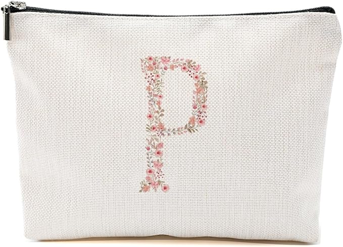 Initial Makeup Bag Floral P Personalized Cosmetic Bag Monogrammed Gifts for Women Girls Bride Bridesmaid Monogram Zipper Pouch for Teacher Appreciation Mothers Day Birthday Wedding Bridal Shower Gifts