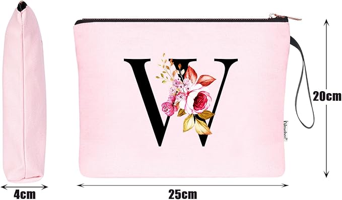 Vavabox A-Z Personalized Makeup Bag, Birthday Gifts for Women Mom, Gifts for Best Friend, Bride Bridesmaid Cosmetic bag (W, Pink)