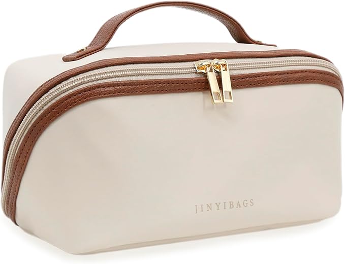 Travel Makeup Bag – Large Cosmetic Organizer with Waterproof Nylon, Smooth Double Zipper & Tear-Resistant Lining, Toiletry Pouch for Women (Beige)