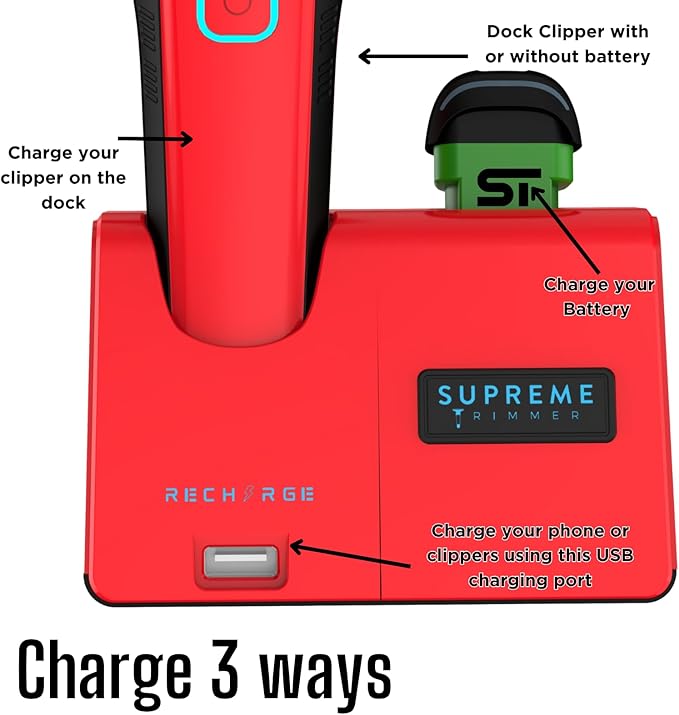 Supreme Trimmer Recharge Clipper - Professional Hair Clipper with 2 Removable Batteries, Brushless Motor, Smart Charge Stand, USB-C Charge & DLC Blades Barbers | STC779
