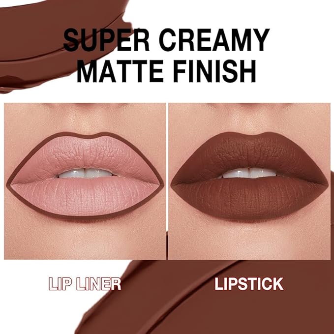 Kaely Dark Brown Gradient Matte Lipstick Lip Liner Pencil for Women, 2-in-1 Flawless Contour Gradual Ombre Effect Lipliners Pencil Lip Gloss Makeup Waterproof, labiales mate 24 horas originales, 15