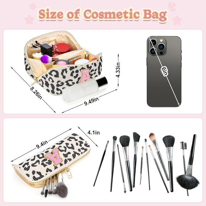 Personalized Travel Makeup Bag Set,Initial Travel Cute Leopard Makeup Organizer Bag,Toiletry Skincare Cosmetic Bag,Christmas Gifts for Women/Girls,Open Flat Toiletry Pouch with Brush Pocket-E