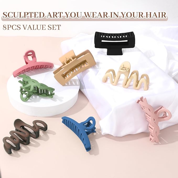 Matte Non-Slip Large Hair Clips for Women 8-Pack (Eight Unique Colors), Durable Claw Clips for Women/Girls | Gift-Ready Neutral Hair Accessories for Daily & Special Occasions