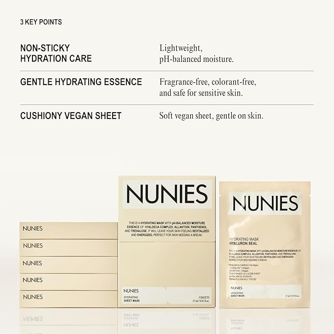 NUNIES Hydrating Sheet Mask – Korean Moisturizing Face Mask for Dry & Sensitive Skin | 10-Layer Hyaluronic Acid, Trehalose & Allantoin | Glow, pH-Balanced | Fragrance-Free, Colorant-Free | 5 Sheets