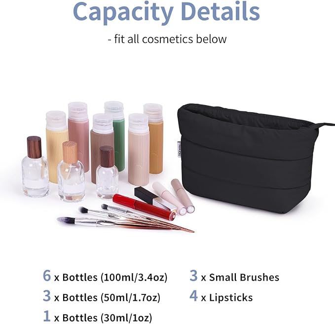 Narwey Small Makeup Bag for Travel Women Girl, Puffer Cosmetic Bag Makeup Pouch for Purse with Zipper, Cute Puffy Make Up Organizer Bags, Travel Toiletry Bag Toiletries (Black)