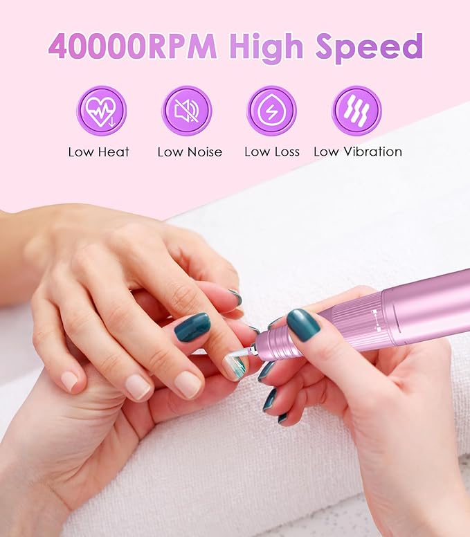 Portable Nail Drill Electric File: Professional Nail E File Machine 40000RPM Rechargeable Cordless Pink Diamond Nail Drill with Bits & Base for for Acrylic Nails Remove Gel Polish Manicure, Salon Home