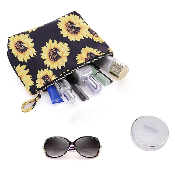 Cosmetic Bag for Women Make up Storage Pouch Case Portable Zipper Travel Accessories Organizer for Toiletry Water Repellent, Sunflower