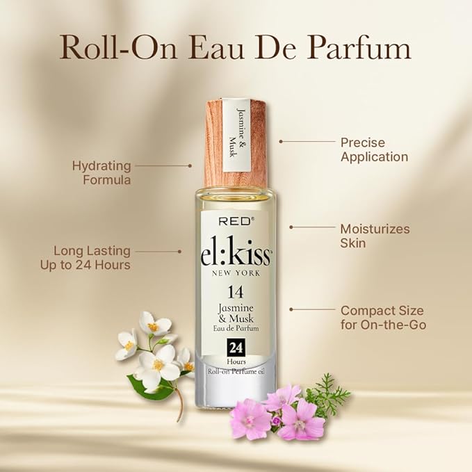 EL:KISS Roll On Perfume, Jasmine & Musk Inspired by Eau Tendre, Eau de Parfum 12mL (.40 Fl Oz), Hydrating & Long-Lasting, Alcohol & Mineral Oil-Free, Infused With Jojoba, Argan & Coconut Oil
