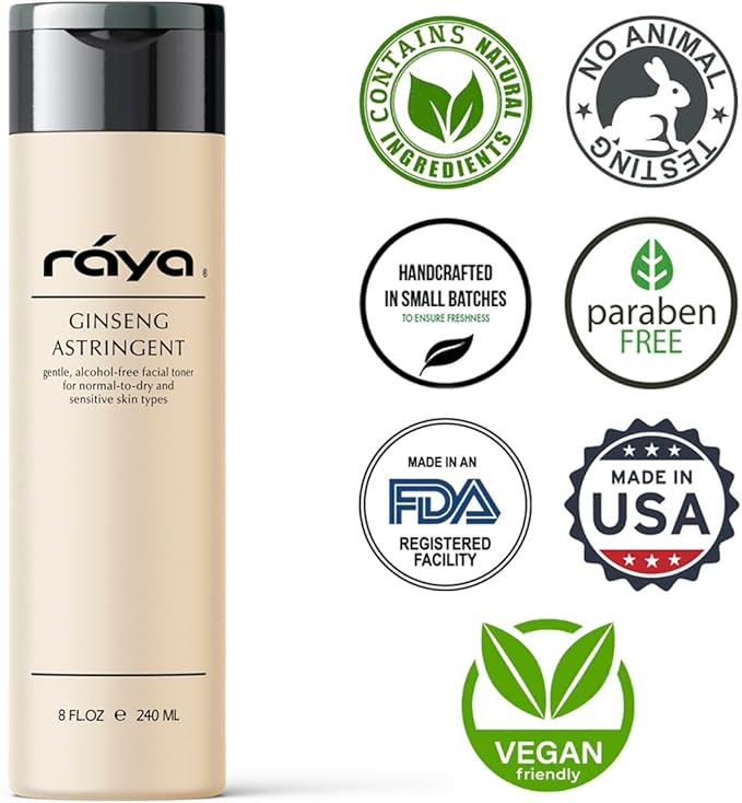 RAYA Ginseng Astringent with AHA 8 oz (G-205) | Gentle Glycolic Facial Toner for Dry and Sensitive Skin | Helps Tighten Pores, Smooth Complexion, and Reduce Fine Lines | Made with Alpha Hydroxy Acids