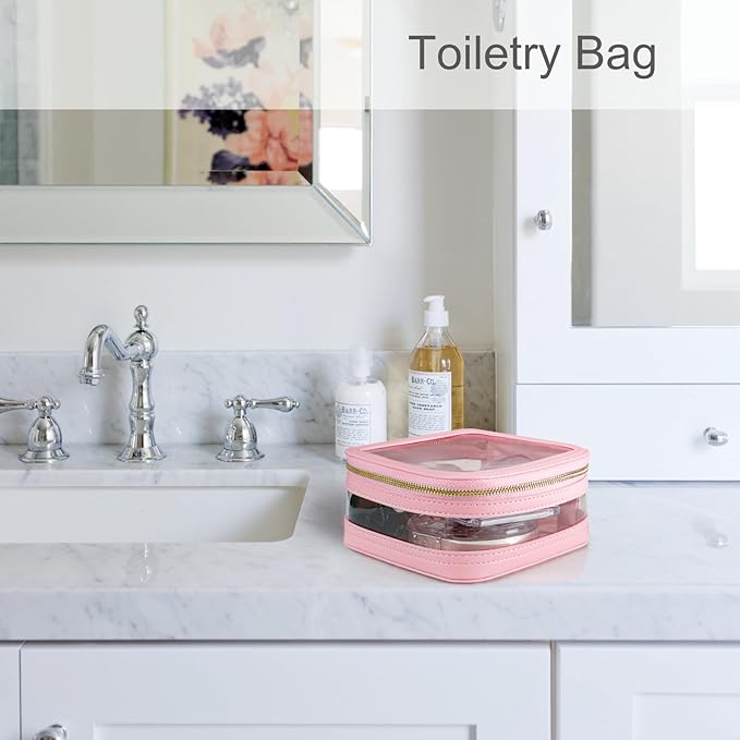 Clear Makeup Bag Travel Size Toiletry Bag Organizer Case Quality PU Leather Transparent Small Cosmetic Bag Car Bag for Essentials with Durable Zipper