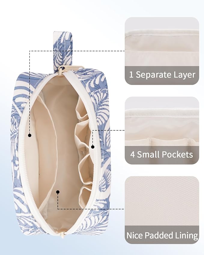 Narwey Small Cosmetic Bag, Small Makeup Bag for Purse, Travel Mini Makeup Pouch, Zipper Pouch, Cute Makeup Bag with Organized Pockets for Women (Blue Leaf, Small)