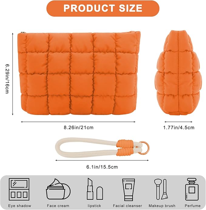 DOB SECHS Puffer Quilted Makeup Bag with Handle, Cute Puffy Cotton Cosmetic Bags for Women, Mini Checkered Toiletry Zipper Pouch, Travel Essentials Storage Organizer Clutch Pouches Pencil Case, Orange