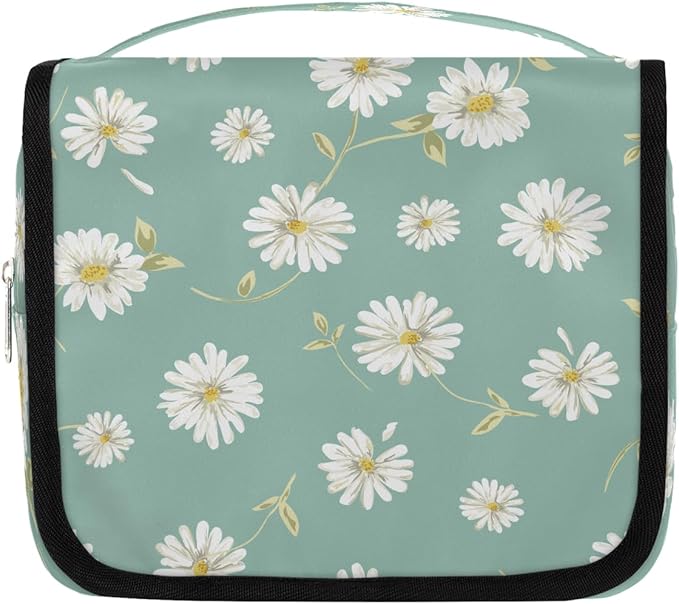 Travel Toiletry Bag for Women & Men Flower Daisy White Hanging Cosmetic Organizer Portable Waterproof Makeup Case Make Up Bag with Compartments Travel Essentials for Bathroom Shower