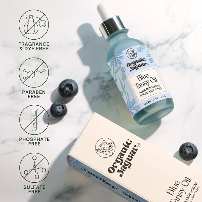 Organic Jaguar Blue Tansy Super Skin Face Serum, Night Moisturizer, Facial Oil with Jojoba Oil and Hydrating Ingredients to Support Healthy Aging and Help Reduce Wrinkles, All Skin Types, 2 fl oz