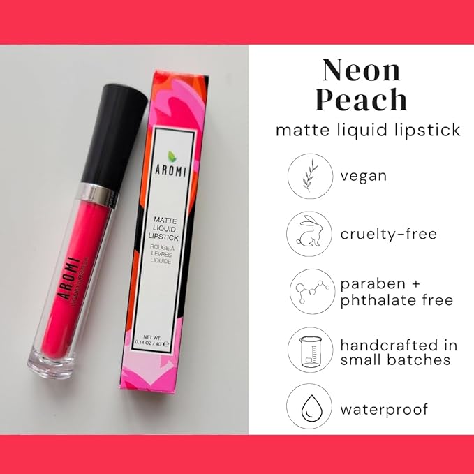 Aromi Matte Liquid Lipstick | Long-lasting, Bright Peachy Coral Lip Color, Vegan, Cruelty-free, Gluten Free Waterproof (Neon Peach)