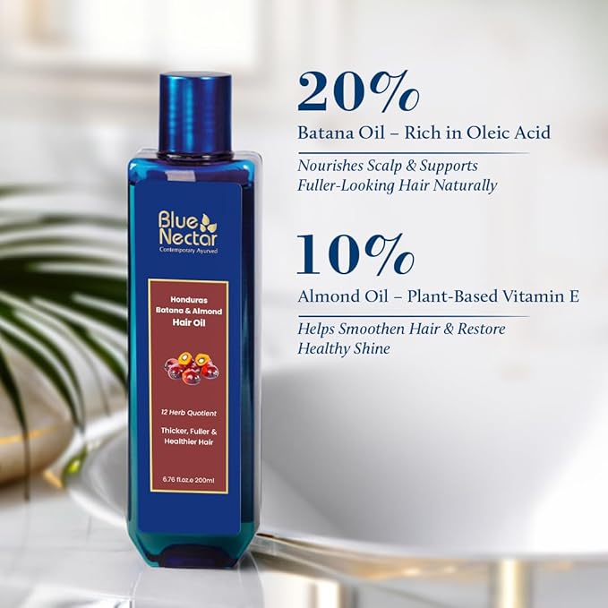 Blue Nectar Batana Oil for Thicker Hair | Pure Honduras Batana Oil for Hair Growth with Organic Almond | Ayurvedic Hair Growth for Stronger Hair (12 Herbs, 3.38 FlOz)