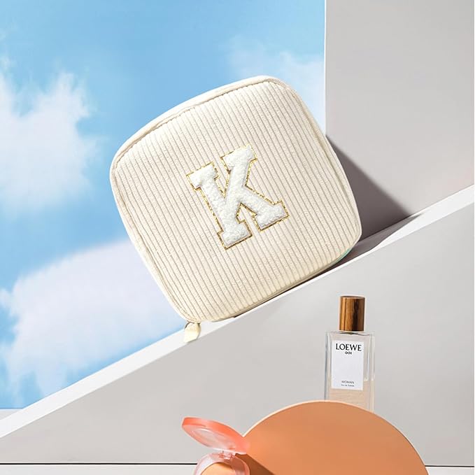 LETGO Birthday Gifts for Women Small Personalized Initial Monogram Makeup Bag,Preppy Corduroy Makeup Bags Travel Toiletry Bag Cute Pouch Purse for Her Mom Girlfriend Wife Sister Teacher Bridesmaid