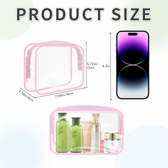 16 Pieces Clear Makeup Bags Bulk, TSA Approved Toiletry Bags Travel Pouch, Waterproof PVC Plastic Small Clear Cosmetic Bags with Zipper for Organizing (Pink Border)