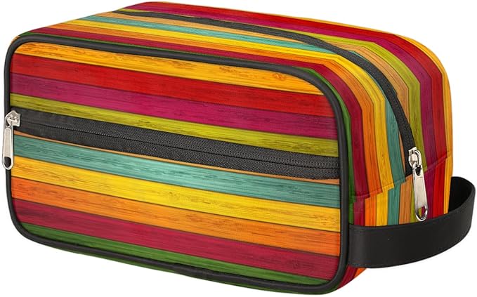 Rainbow Wood Texture Travel Toiletry Bag for Women Men Lightweight Cosmetic Makeup Bag Organizer Waterproof Shaving Bag Dopp Kit with Large Capacity for Toiletries and Shaving Accessories