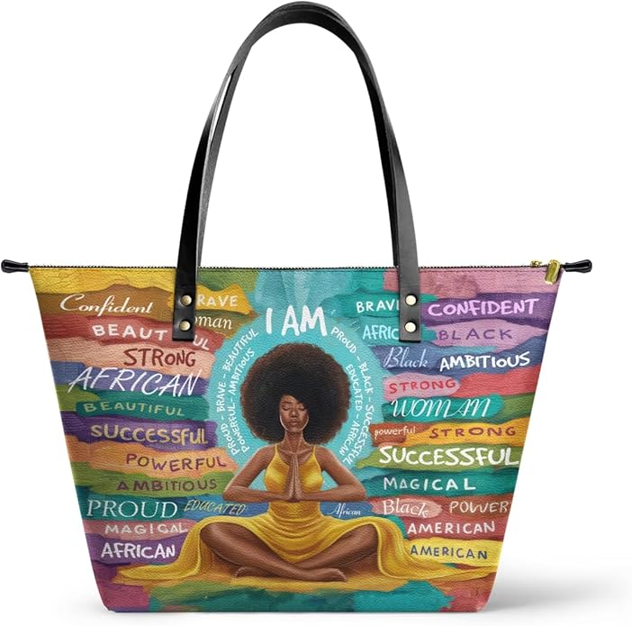 African Black Women's Leather Tote Bag, Large, Premium Vegan Leather, Full Zip, Perfect Christmas Gifts For Women