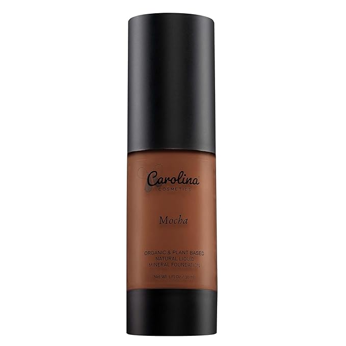 Carolina Cosmetics - Plant-Based Foundation in Mocha Shade - Hydrating, Pore-Minimizing & Buildable Coverage - Vegan, Non-GMO, Gluten-Free, Paraben-Free- Sun Protection - 1Fl Oz