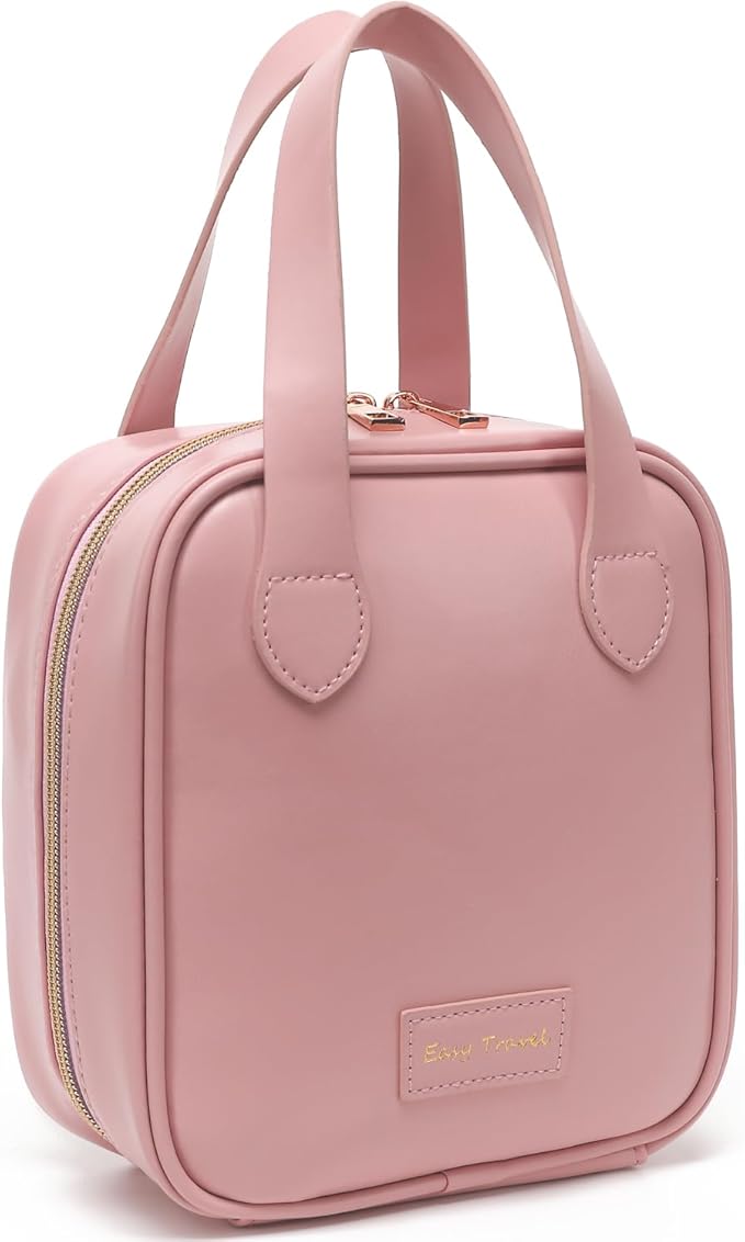 Travel Makeup Bag, Large Flat-Open Cosmetic Bag Make Up Organizer Case for Women, Waterproof PU Leather Toiletry Bag with Brush Compartment Skincare Pouch for Toiletries Accessories
