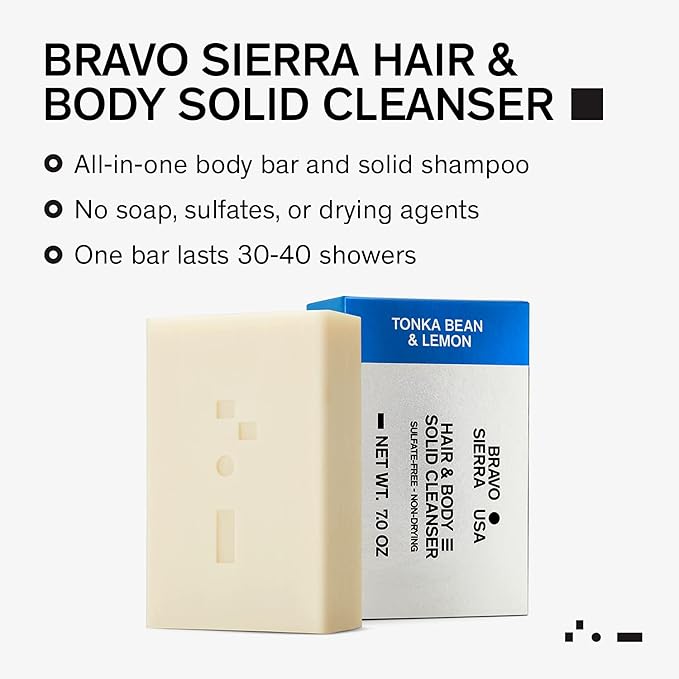Bravo Sierra Body and Hair Mens Soap Bar, 2-Pack - All-In-One Shampoo & Soap for Face, Hair & Body - Tonka Bean & Lemon, 7 oz - Coconut, Shea Butter & Oat Flour for Soft Skin & Healthy Hair