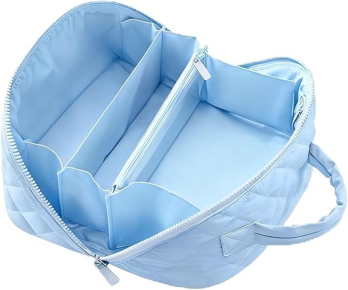 Petition Makeup Bag, 180° Open Lay-Flat Cosmetic Case, Large Capacity Compartment Makeup Bag, Lightweight, Soft and Fashion for Bottles & Brushes (Blue)
