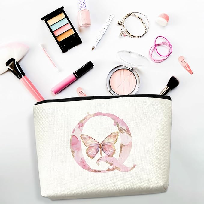 Initial Makeup Bag Pink Butterfly Q Personalized Cosmetic Bag Monogrammed Gifts for Women Girls Mom Bridesmaid Monogram Zipper Pouch for Friendship Mothers Day Birthday Wedding Bridal Shower Gifts