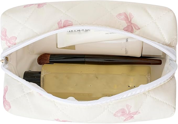JOVAKIT Square Makeup Bag Cute Cosmetic Bag for Women, Floral Coquette Aesthetic Toiletry Bag, Zipper Make Up Pouch, Travel Make Up Organizer Bag (Pink Floral+Pink Bow Tie)