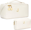 Birthday Gifts for Women Teen Girl, Personalized Initial Makeup Organizer Bag Set, Open Flat Travel Cosmetic Bag With Clear Divider and Handle(Beige,J)