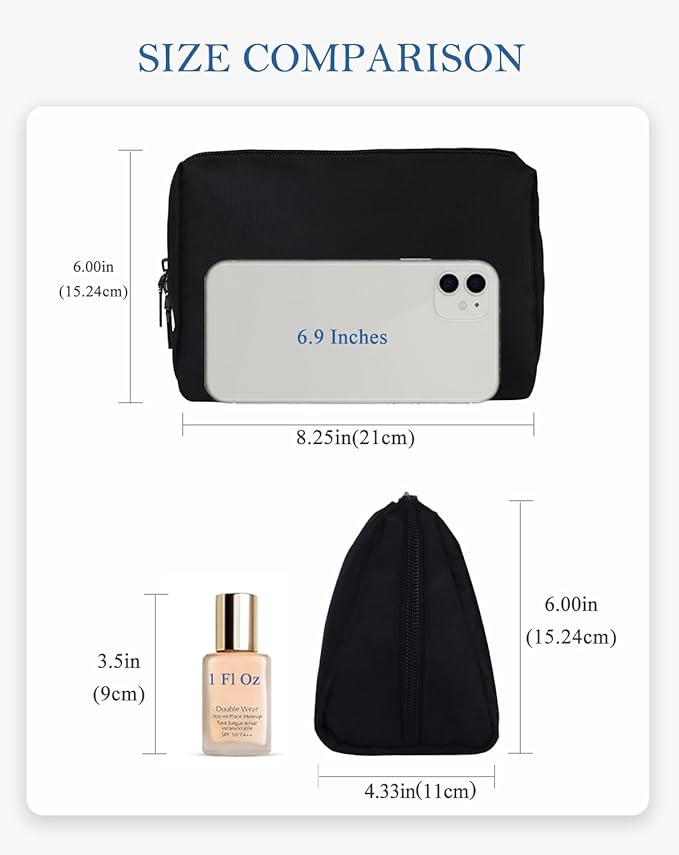 Aosbos Small Travel Makeup Pouch - Cosmetic Bag for Women, Midnight Black