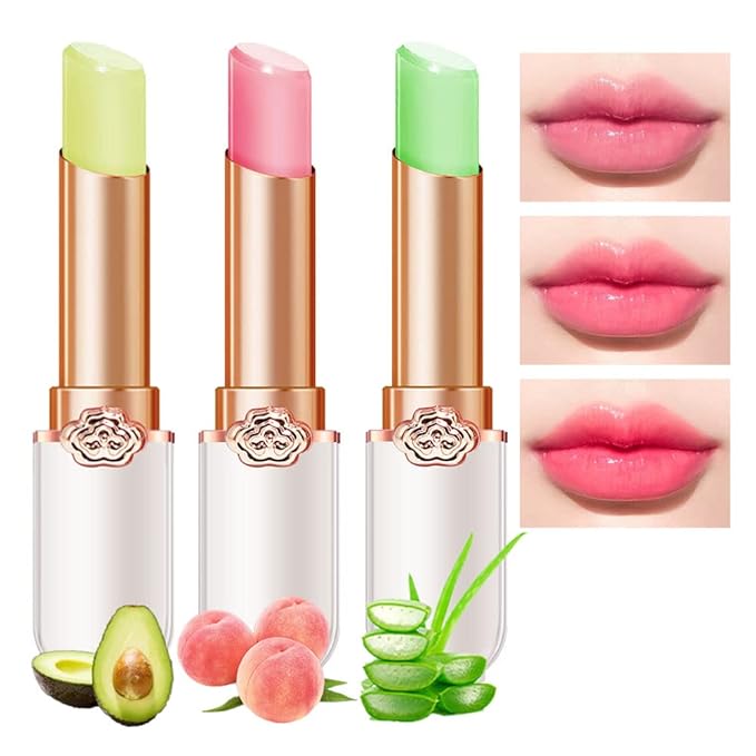 BINGBRUSH Peach Color Changing Lipstick,Moisturizer Long Lasting Lip Care Lip Balm Magic Lip Gloss Lip Tint Stain Gloss Set for Women (3 pcs Aloe + Peach + Avocado Lipstick)