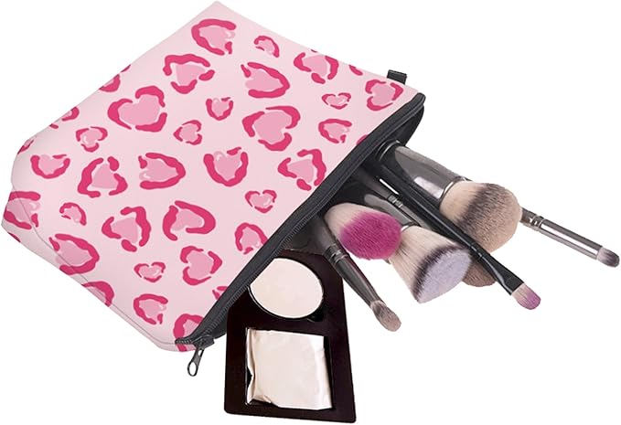 Cute Travel Makeup Bag Cosmetic Bag Small Pouch Gift for Women (Heart Leopard Pink)