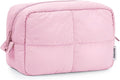 Narwey Puffy Makeup Bag for Travel Women Girl, Quilted Makeup Bag Cosmetic Bag, Cute Puffer Make Up Organizer Bags, Travel Toiletry Bag Toiletries (Pink)