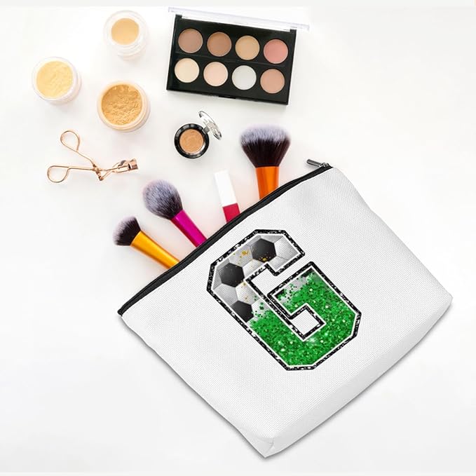 Initial Makeup Bag Monogrammed Cosmetic Bag Letter G Zipper Pouch Soccer Accessories for Girls Women Player Coach Friend Graduation Birthday Gifts