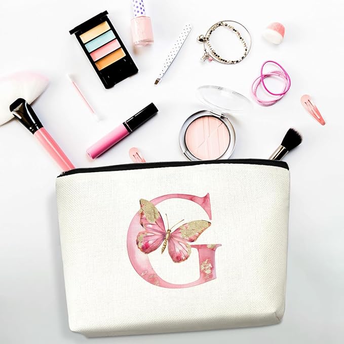 Initial Makeup Bag Pink Butterfly G Personalized Cosmetic Bag Monogrammed Gifts for Women Girls Bride Grandma Monogram Zipper Pouch for Friendship Mothers Day Birthday Wedding Bridal Shower Gifts