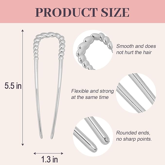 2PCS 5.5Inch French Hair Pins Large U-Shaped Pins for Women and Girls Fashion Metal Hair Pin French Twist Hair Pins for Buns, Updos,Stylish and Functional(set4-silver)