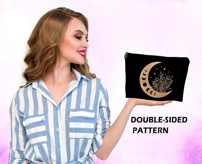 Boho Floral Celestial Crescent Moon Phase Makeup Bag, Mystical Crescent Moon Linen Makeup Travel Toiletry Bag, Abstract Floral Moon Cosmetic Bag Gifts For Girls Women Daughter Sister