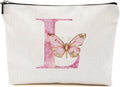 Initial Makeup Bag Pink Butterfly L Personalized Cosmetic Bag Monogrammed Gifts for Women Girls Aunt Bridesmaid Monogram Zipper Pouch for Friendship Mothers Day Birthday Wedding Bridal Shower Gifts
