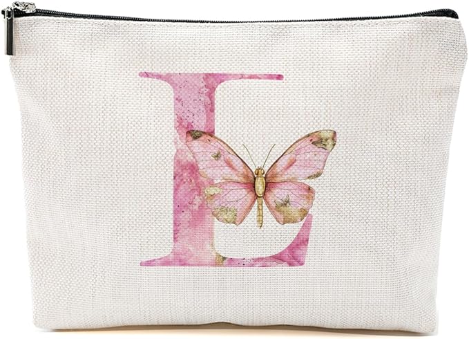 Initial Makeup Bag Pink Butterfly L Personalized Cosmetic Bag Monogrammed Gifts for Women Girls Aunt Bridesmaid Monogram Zipper Pouch for Friendship Mothers Day Birthday Wedding Bridal Shower Gifts