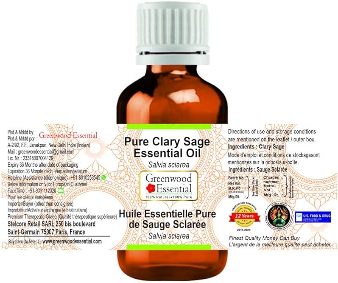 Greenwood Essential Clary Sage Essential Oil (Salvia sclarea) Pure | Non-Sticky | Non-Greasy | Lightweight | Men & Women | All Skin Types | Steam Distilled 10ml (0.33 oz)