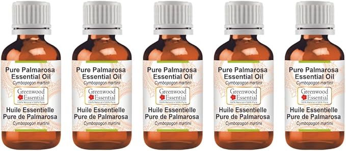 Greenwood Essential Pure Palmarosa Essential Oil (Cymbopogon martinii) Steam Distilled (Pack of Five) 100ml X 5(16.9 oz)