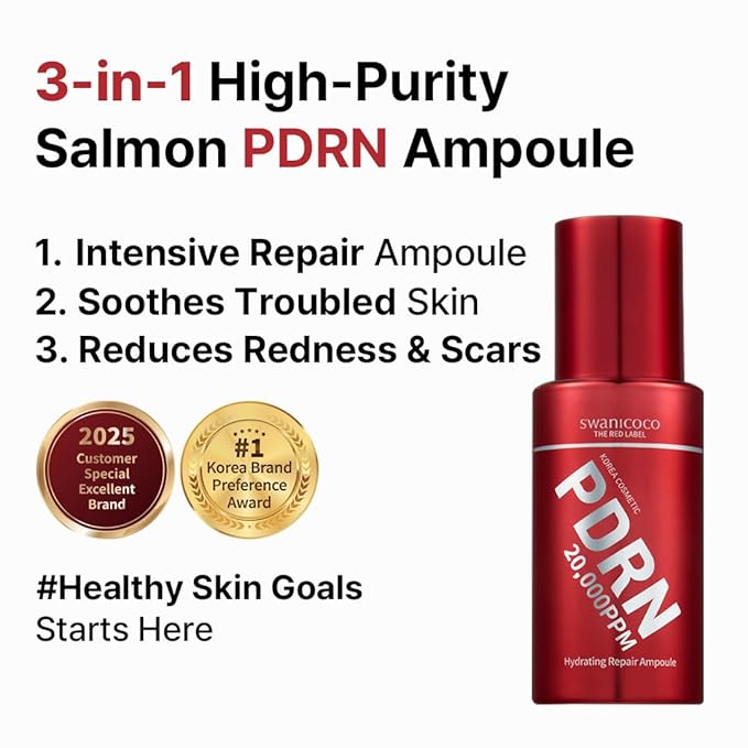 Swanicoco PDRN Hydrating Repair Ampoule Serum Powerful Anti Aging Face and Neck for Skin Turnover Skin Regeneration Wound Healing Korean Skincare, Stocking Stuffer 30ml 1Fl Oz
