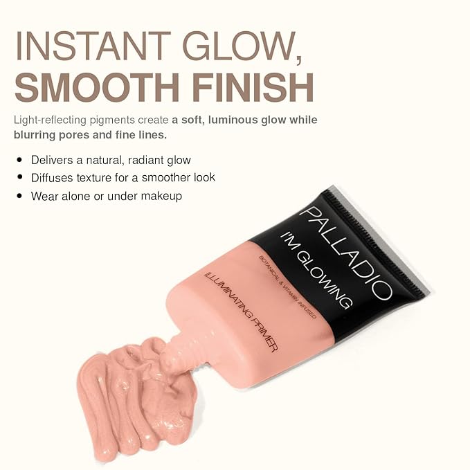 Palladio I'm Glowing Illuminating Primer, Pearly Pink Makeup Primer for Face, Contains Aloe Vera, Grape Seed Oil, Green Tea, Brightens Complexion, Combats Wrinkles, Fine Lines & Pores