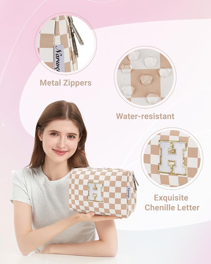 Narwey Birthday Gifts for Women Teen Girls Kids Personalized Initial Checkered Makeup Bag Cute Cosmetic Bag Trendy Stuff 6 8 10 11 12 13 14 16 18 Years Old Travel Toiletry Bag (Brown Letter H)