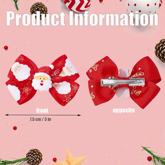 4 Pcs Christmas Hair Clips Glitter Xmas Bow Hair Accessories for Girls Cute Bear Santa Claus Hairpin Ribbon Winter Hair Barrettes Red Green Holiday Claw Clips for Women Christmas Hair Decoration