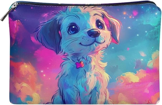 COEQINE Leather Cosmetic Bag for Women Travel Makeup Bag Waterproof Cosmetic Purses for Women Wedding Party Purse With Zipper Portable,Cute Dog Starry Sky Neon Pattern