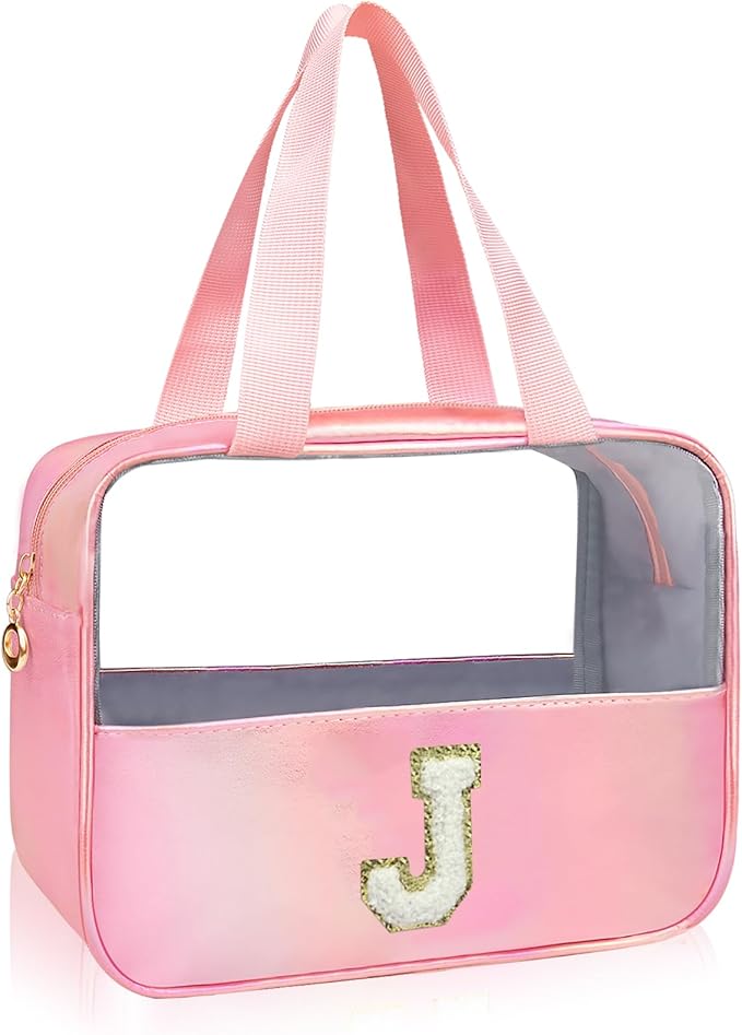 Initial Clear Makeup Bag Personalized Pink Clear Cosmetic Bag, Cute Large Make Up Bags Organizer Bag, Travel Toiletry Bag for Women Girl Gifts J (Pink)